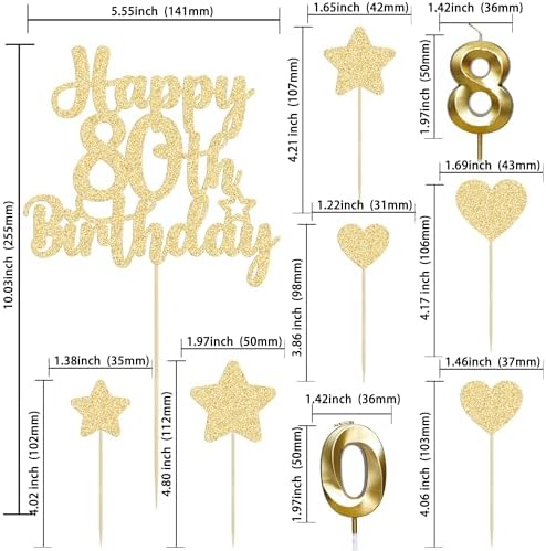 Gyufise 15Pcs Happy 80th Birthday Cake Topper Set with Heart Star Glitter Cheers to 80 Years Cake Picks Number 80 Candles Cake Decorations for Happy 80th Birthday Anniversary Party Supplies Gold