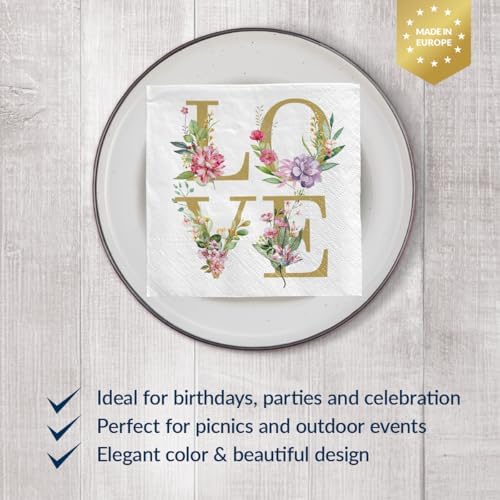 PAW - 100 Pack Love Cocktail Napkins 5'' x 5'', Disposable Beverage Napkins with Floral Love Motive, Paper Towels for Wedding, Birthday, Bridal, Party, Decoupage, Decorative Supplies