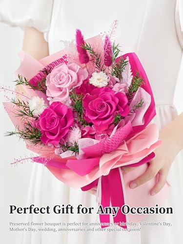 Preserved Flowers Bouquet, Forever Flowers for Delivery, Mothers Day Long-Lasting Real Roses Bouquet, Anniversary Birthday Flowers Gifts for Mom Grandma Women Wife Her (Hot Pink)
