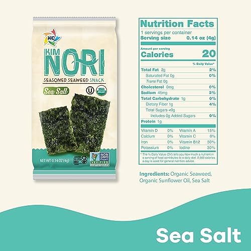 KIMNORI Seasoned Seaweed Snacks Sheets – Organic Sea Salt Flavor 24 Individual Packs Roasted Crispy Premium 100% Natural Laver Kim Nori 4g 0.14 Ounce