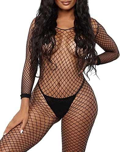 Women's Sexy Mesh BodyStocking Fishnet Lingerie Long Sleeve Bodysuits One Piece Jumpsuit Underwear Nightwear
