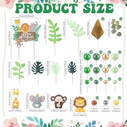 44 Pcs Jungle Safari Animal Cake Toppers Wild Zoo Cake Decorations Includes Elephant Giraffe Lion Monkey Birthday Cake Topper Tropical Leaves Palm Leaves Green Cake Balls Decorations