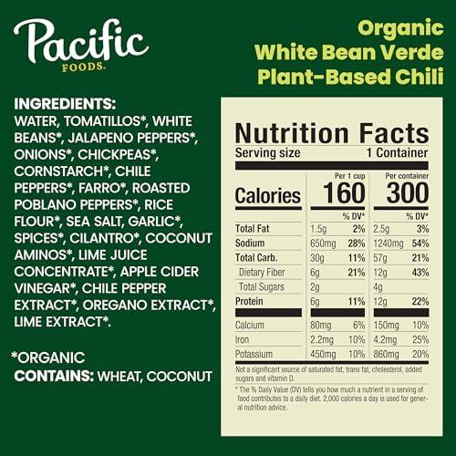 Pacific Foods Organic White Bean Verde, Chili, Plant Based, Dairy Free, 16.5 Ounces (Pack Of 12)
