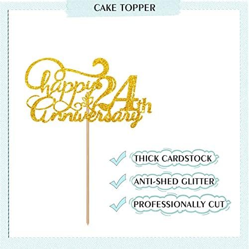 Gold Happy 24th Anniversary Cake Topper, Engagement Anniversary Cake Topper, Glitter Cake Decorations for 24th Anniversary Wedding Party