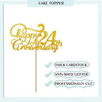 Gold Happy 24th Anniversary Cake Topper, Engagement Anniversary Cake Topper, Glitter Cake Decorations for 24th Anniversary Wedding Party