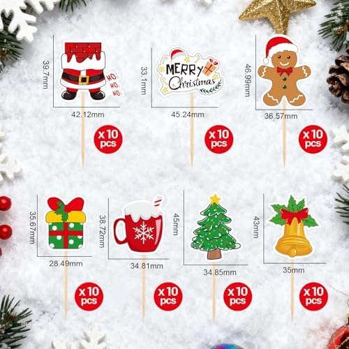 NACHLYNN 70pcs Merry Christmas Cupcake Toppers Holiday Party Fruit Cake Decoration Favors