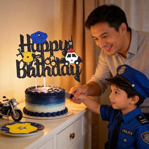 Police Themed Cake Toppers Policeman Cake Decoration for Birthday Baby Shower Party Police Retirement or Officer Academy Graduation Party Supplies Black