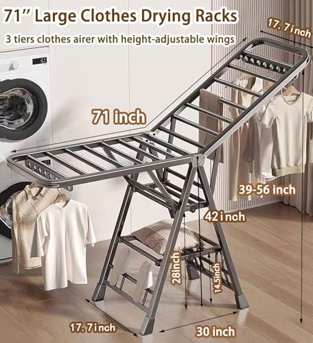 Mimiblack Clothes Drying Rack Foldable, 3 Tier Large Laundry Dryer Stand, Heavy Duty Metal Clothes Airer Dryer Rack with Wheels For Clothing& Bedding &Towels, Indoor & Outdoor Use, 70.8"L×17.7"W Gray