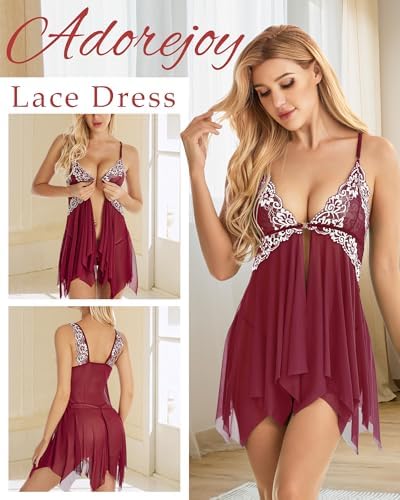 ADOREJOY Women Lingerie Babydoll Front Closure Mesh Lace Chemise Sleepwear Nightie