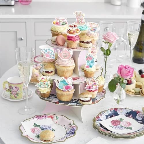 48PCS Tea Party Paper Cupcake Toppers, Floral Tea Time Tea Party Decorations, Afternoon Tea Themed Birthday Party Cake Picks for First Shower Princess Birthday Party Wedding Favors