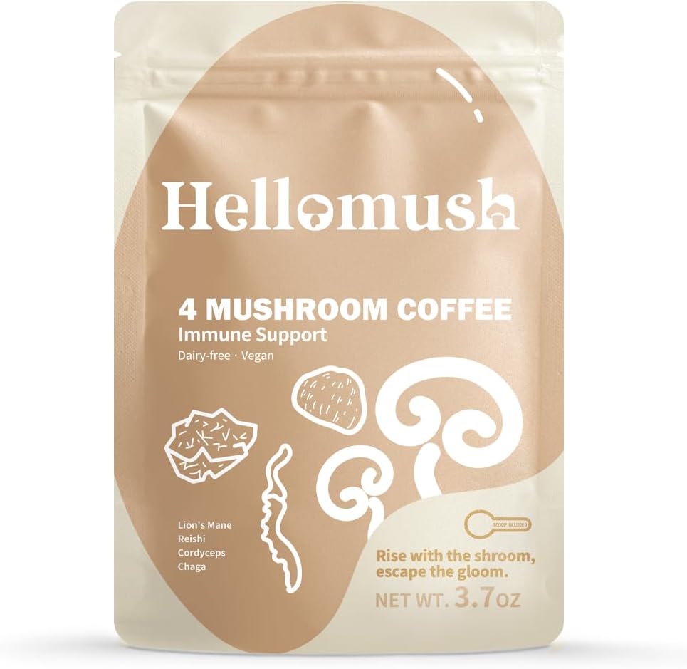 Hellomush Organic Instant Mushroom Coffee with Lions Mane, Reishi, Chaga and Cordyceps Coffee 30 Servings 3.7 oz
