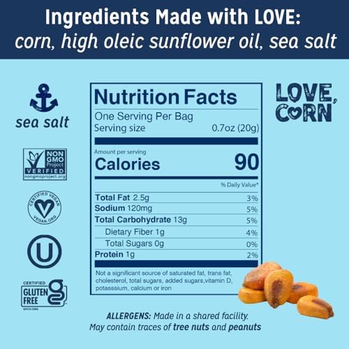 LOVE CORN Sea Salt – Crunchy Roasted Corn Snack, 3 Simple Ingredients, Gluten Free, Non-GMO, Vegan – Alternative to Chips, Nuts & Crackers – Lunchbox, Office & On-the-Go Snacks – 0.7oz × 20 Bags