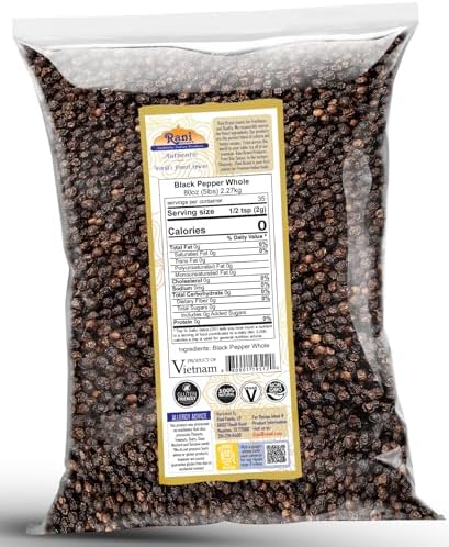 Rani Black Pepper Whole (Peppercorns), Premium MG-1 Grade 80oz (5lbs) 2.27kg Bulk ~ All Natural | Gluten Friendly | Non-GMO | Kosher | Product of Vietnam | Perfect size for Grinders!