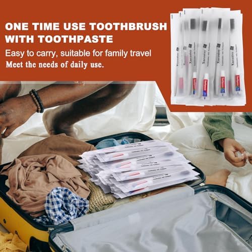 Disposable Toothbrushes with Toothpaste,60Pack Apricot Individually Wrapped Disposable Travel Toothbrushes Kit in Bulk for Homeless,Nursing Home,Hotel,Charity