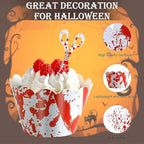 Halloween Cupcake Toppers Wrappers, Cake Halloween Decoration Bloodstain Cake Knife Scissors Food Decor Party Supplies (24 sets(48pcs))
