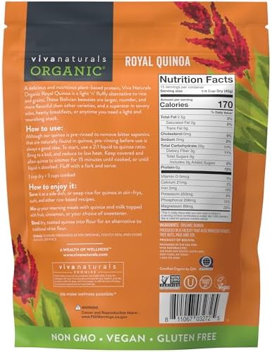 Viva Naturals Organic Quinoa, 24 oz (1.5 lb) – Pre-Washed Whole Grain, Plant Protein, USDA Organic, Gluten-Free, Non-GMO, Vegan, Kosher Rice and Pasta Substitute
