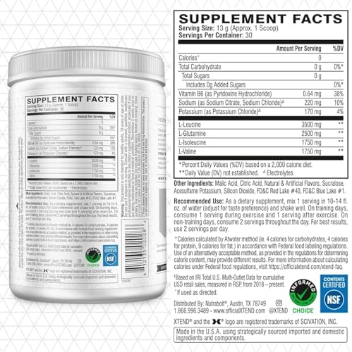 Xtend Original BCAA Powder, 7g BCAAs and 2.5g L-Glutamine for Muscle Recovery Hydration and Lean Muscle, Sugar Free Intra and Post Workout Drink with Electrolytes, Knockout Fruit Punch, 30 Servings