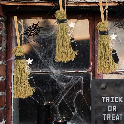 NUOBESTY Mini Witch Broom with Pendant 16x8cm Halloween Brooms Pendants Wooden Witch Broomstick DIY Broom Ornament for Party Tabletop Hanging Pendant Accessories Khaki