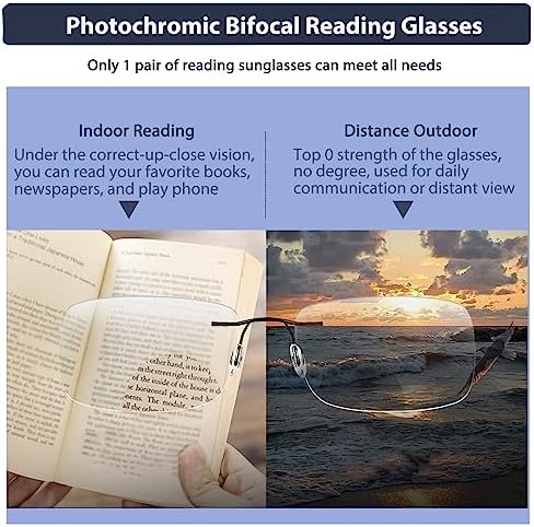 K.LAVER Photochromic Bifocal Reading Glasses Blue Light Blocking Readers For Men And Women Transition Rimless Sunglasses