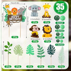 36 Pcs Safari Cake Topper Leaves Cake Decorations Elephant Birthday Cake Toppers Jungle Animals Cakes Toppers Woodland Animal Tiger Lion for Party Baby Shower Birthday Supplies