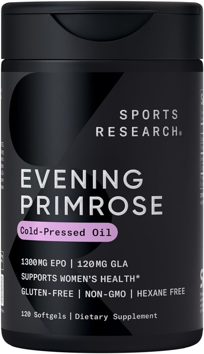 Sports Research Evening Primrose Supplement from Cold Pressed Oil - Softgels for Women’s Health & Skin Health - Gluten Free & Non-GMO GLA - High Potency 1300mg, 120 Count