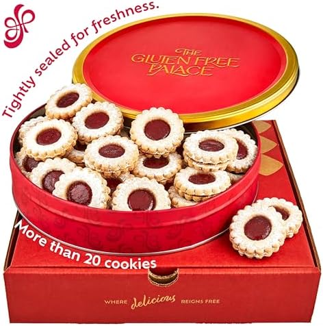 Gluten Free Palace Cookie Gift Basket - Gourmet Raspberry Linzer Tart Cookies in Elegant Red Tin - Gluten Free, Dairy Free, Kosher - Shortbread Cookies Gift Box for Easter & Birthday Dessert Treats (21 Cookies)
