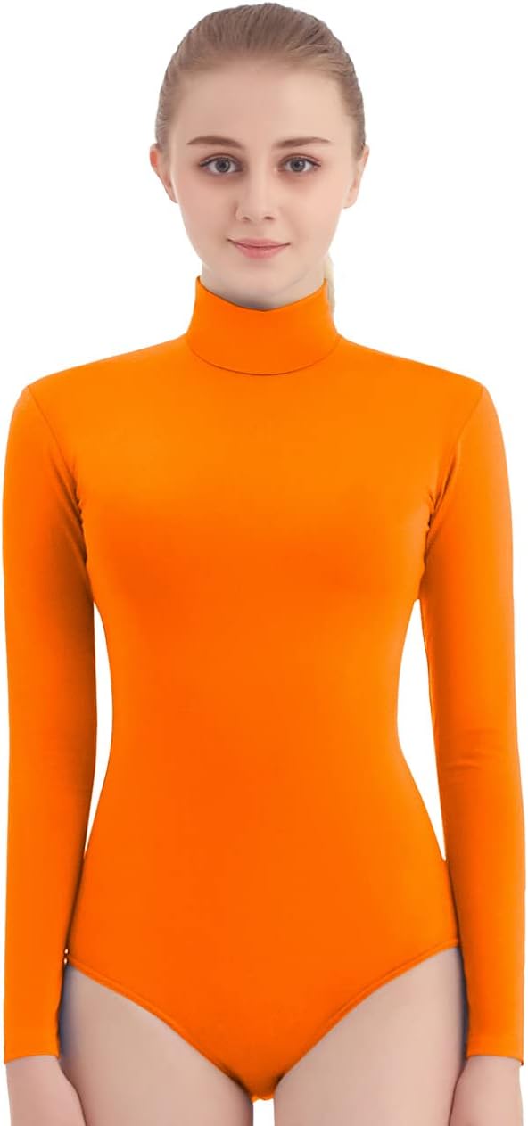 SUPRNOWA Turtleneck Leotard Long Sleeves Spandex Dance Workout Fitness Bodysuit for Women