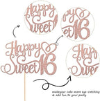 1 PCS Happy Sweet 16 Cake Topper Glitter 16th Birthday Cake Pick Cheers to 16 Years Birthday Cake Decoration for Happy 16th Anniversary Party Decorations Supplies Rose Gold