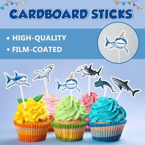 WERNNSAI 36 PCS Shark Cupcake Toppers - Shark Cake Toppers Ocean Birthday Party Decorations Summer Cake Toppers Under The Sea Cake Decors for Kids Ocean Baby Shower Party Supplies