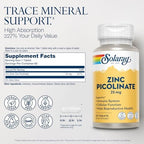 SOLARAY Zinc Picolinate 25 mg - Zinc Supplements for Men and Women - Immune Support Supplement - Vegan, Gluten Free, Lab Verified - 60-Day Guarantee - 60 Servings, 60 Tablets