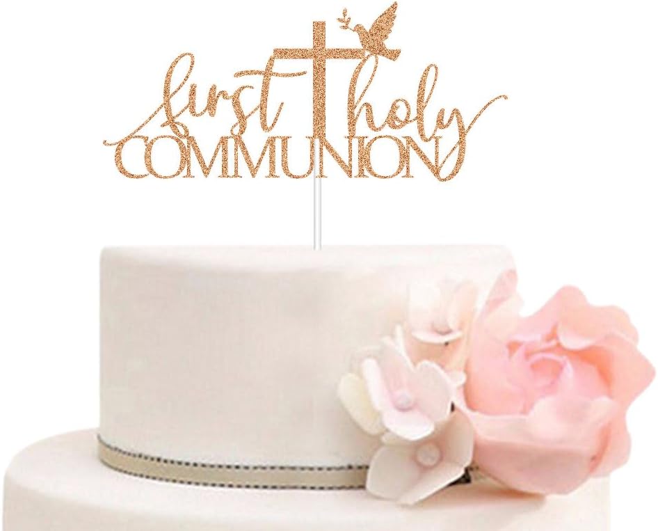 First Holy Communion Cake Topper for Ramadan, Baptism, Baby Shower, 1st Birthday, Christening Party Decorations Rose Gold Glitter