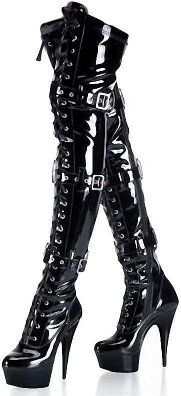 denova's Women's Patent 6in Very High Heel Lace Up Platform Pole Dance Over-The-Knee Thigh High Boot with Zipper