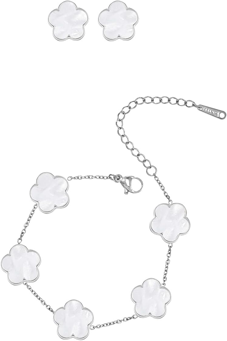 Gold Plated Stainless Steel Flower Bracelet and Stud Jewelry Set for Women