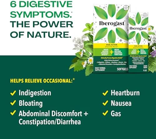 Iberogast Softgels, Herbal Relief of Stomach Upsets: Occasional Indigestion, Bloating, Gas, Nausea, Upset Stomach; 6-Herb Blend with Iberis Amara, Peppermint, Licorice, Lemon Balm; 30ct