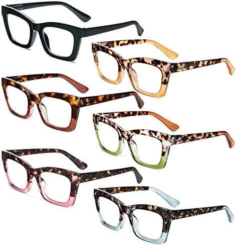 REAVEE 6 Pack Oprah Style Reading Glasses for Women Blue Light Blocking, Cute Square Computer Readers with Spring Hinge