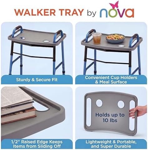 NOVA Walker Tray, Food Tray with 2 Cup Holders for Folding Walker, Fits on Most Folding Walkers, 1 Count (Pack of 1)