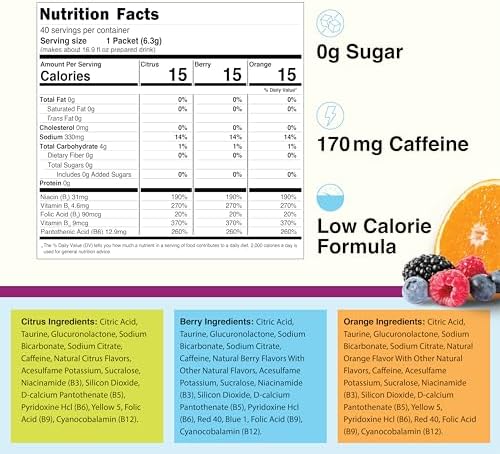 4C Energy Rush Stix, Variety 1 Pack, 40 Count, Single Serve Water Flavoring Packets, Sugar Free with Taurine, On the Go Bundle (20 Berry, 10 Orange, 10 Citrus)