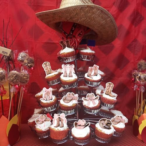 64 PCS Edible Cowgirl Cupcake Toppers Pink Bow Hat and Boot Cupcake Picks Edible Ribbon Cowboy Cupcake Decorations for Western Theme Baby Shower Girls Birthday Party Cake Decorations Supplies