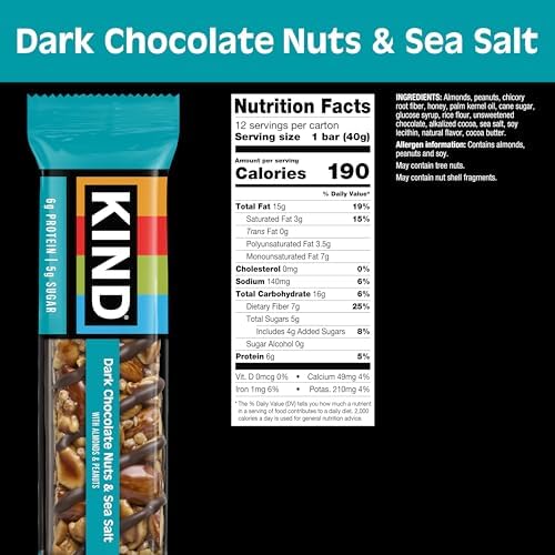 KIND Healthy Snacks Bars, Dark Chocolate Nuts & Sea Salt, Gluten Free, Low Sugar, High Fiber Snacks, 6g Protein, 24 Count