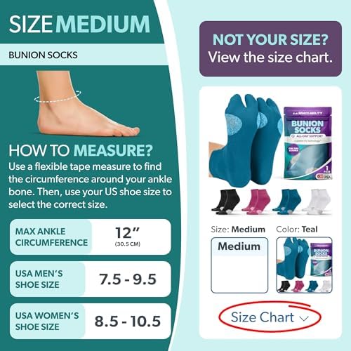 BraceAbility Bunion Relief Socks - Split-Toe Bunion Socks for Women and Men with Arch Support, Big Toe Separator, Hallux Valgus and Bunionette Relief, Left and Right Fit (1 Pair, M - Teal)