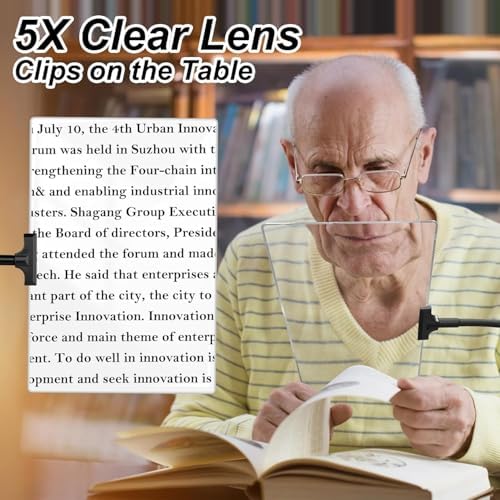 5X Magnifying Glass with Clip for Reading, 10x6 inch Large Full Page Magnifier with Clamp Adjustable Flexible Gooseneck, Clip on Magnifying Glass for Daily Hobbies, Painting, Crafts, Embroidery