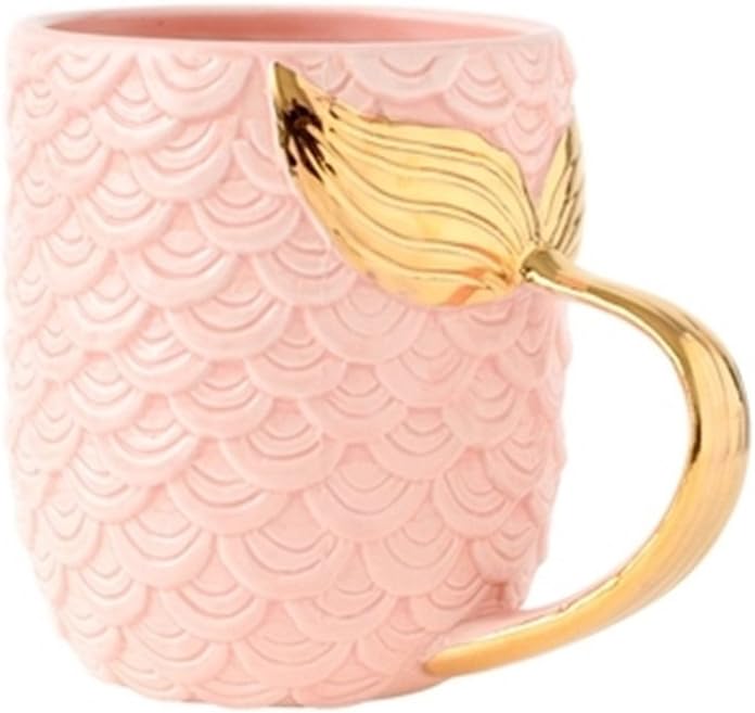 ZaH 15 oz Mermaid Mug Ceramic Coffee Mugs Big Cute Cups Cappuccino Teacup Birthday Bridal Shower Engagement Wedding Gifts Soup Mug for Men Women Kids Girls Boys (Gold Handle Pink Mermaid Tail)