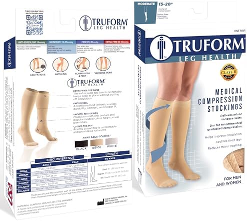 Truform 15-20 mmHg Compression Stockings for Men and Women, Knee High Length, Closed Toe, Black, Medium