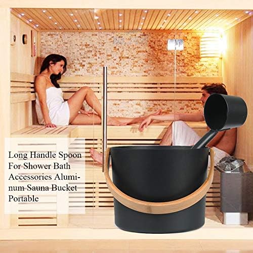 CALIDAKA Sauna Bucket,7L Aluminum Sauna Bucket with Long Wooden Handle Spoon,SPA Shower Bath Accessories,for Spa Sauna and Home Sauna,Sauna Accessories Kit with Sauna Ladle and Bucket