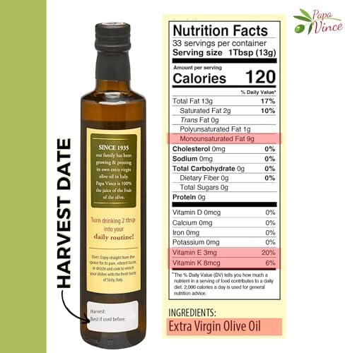 Papa Vince Olive Oil Extra Virgin - First Cold Press Family Harvest 2024/25, Polyphenol Rich, Subtle Peppery Finish, Unrefined, High in Monounsaturated Fat, No Pesticides, No GMO, Sicily, Italy