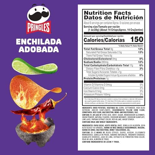 Pringles Potato Crisps, Lunch Snacks, On-the-Go Snack, Enchilada Adobada, 5.5oz Can (1 Can)