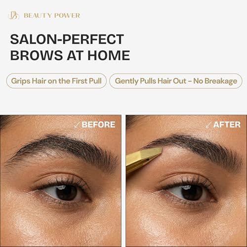 Tweezers for Women Facial Hair: Ultra Precision Tweezers for Women & Men, Sharp Slant Tweezer for Eyebrows, Ingrown Hair Removal. Professional Plucker + Case, German Stainless Steel Gold