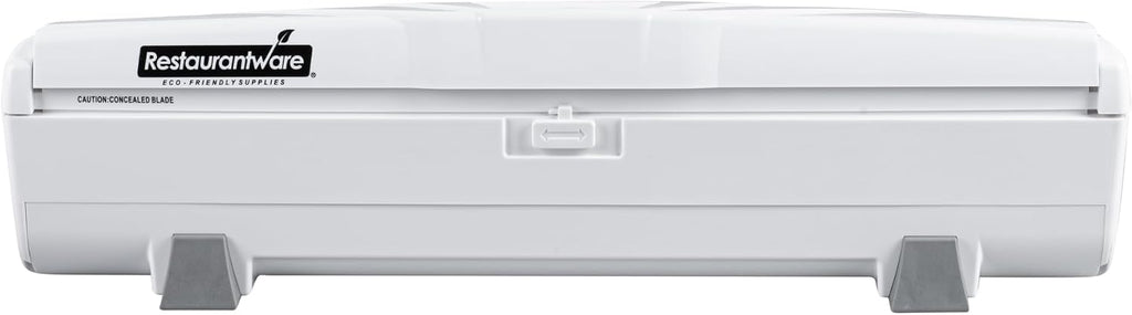 Restaurantware-RW Base Food Wrap Dispenser with Cutter, 1 Refillable Cling Wrap Dispenser - Fits 12” to 18” x 1000’ Rolls, Press Down and Cut, White Plastic Aluminum Foil, Sharp Blade