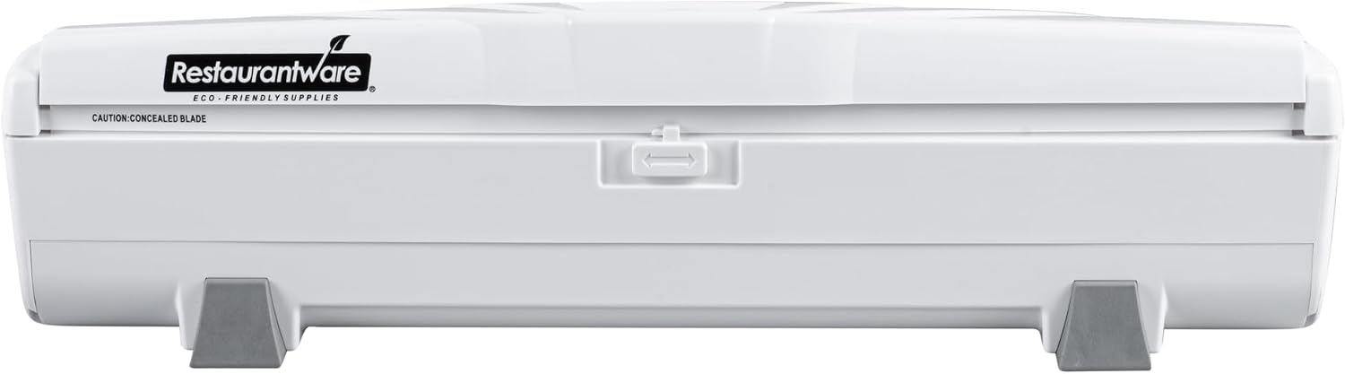 Restaurantware-RW Base Food Wrap Dispenser with Cutter, 1 Refillable Cling Wrap Dispenser - Fits 12” to 18” x 1000’ Rolls, Press Down and Cut, White Plastic Aluminum Foil, Sharp Blade