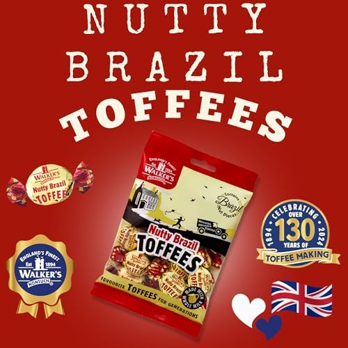 Walkers Nonsuch Nutty Brazil Toffees Bag 5.29 Oz (Pack of 6) – British Candy with Brazil Nuts, Individually Wrapped Butter Toffee Candy, English Toffee Sweets & Gourmet Food Gifts from UK